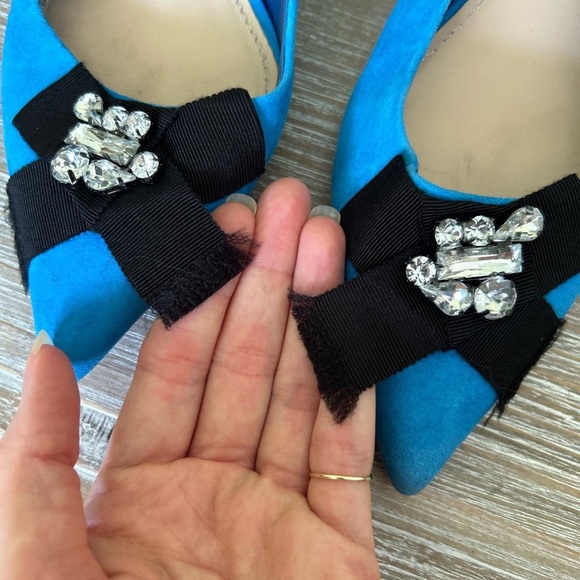 Size 8 Zara blue faux-suede kitten pointed toe heels black ribbon & rhinestone - Picture 4 of 8